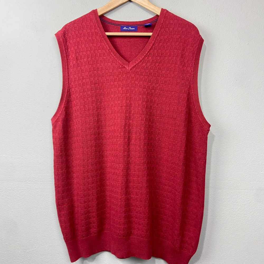 Alan Flusser Mens Sweater Vest Sz XL Red V Neck Knit Sleeveless Eclectic Grandpa